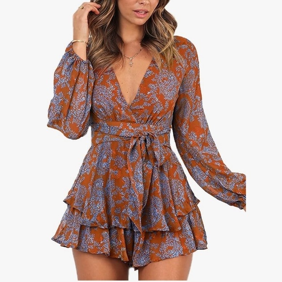 Relipop Womens Floral Print Romper Ruffle Hem Romper - Picture 5 of 11